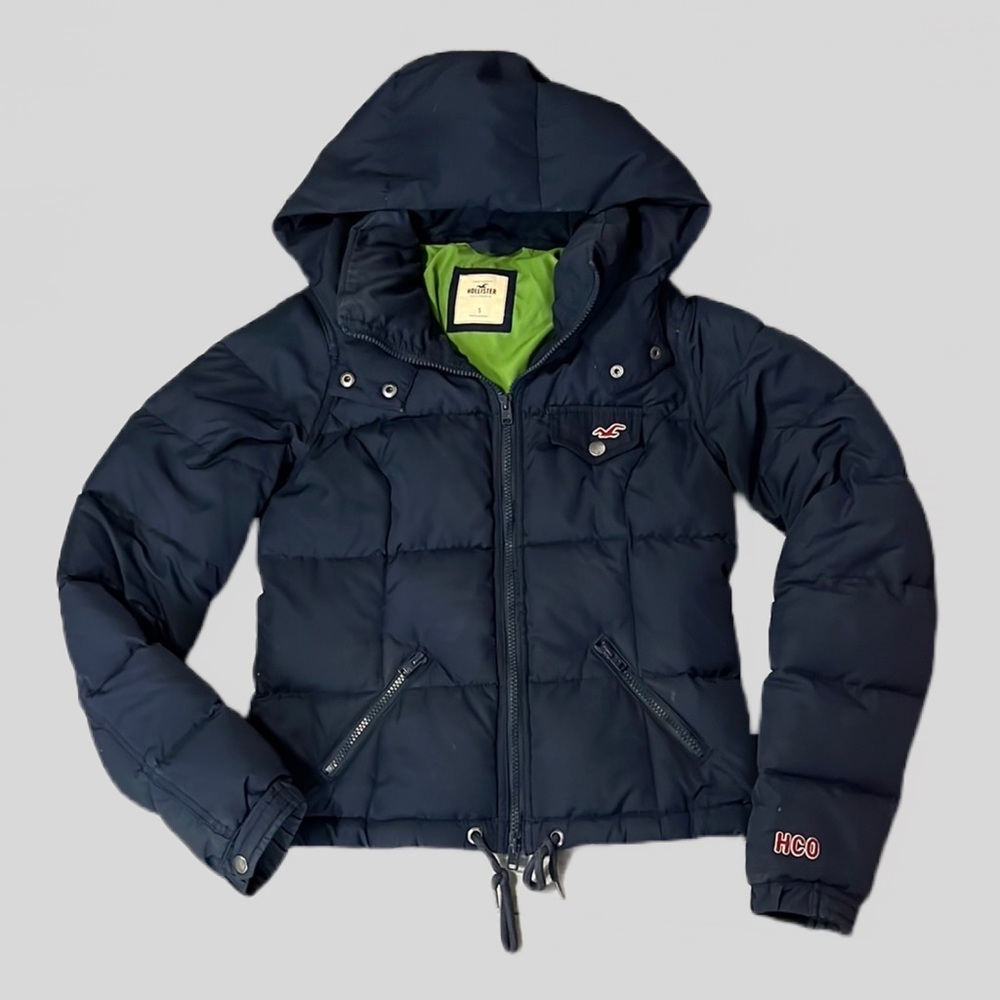 Hollister Down Puffy Coat Women’s Sz Small Navy Blue Winter Cozy Feather Jacket